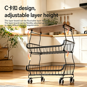2-Tier <b>Rolling</b> Kitchen Cart Wooden Top Wire Storage Basket Utility Trolley <b>Fruit</b> Vegetable Organizer Rack For Pantry Home - Product Image 5