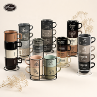 Ensemble de tasses à café empilables SWT avec support en métal, quatre pièces, vente en gros, ensemble de tasses en céramique personnalisables