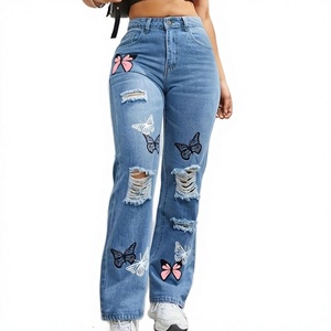 Pantalones Vaqueros de Mezclilla con Estampado de Mariposas para Mujer, Jeans con Agujeros, Corte Recto, Cintura Alta, Ajuste Regular, Estilo Vintage, Lavado Casual para Otoño - Product Image 4