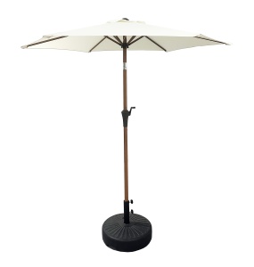 Parasol de terrasse design moderne 2,2 m, mât en aluminium, finition effet <span class=keywords><strong>bois</strong></span> avec <span class=keywords><strong>tuiles</strong></span> <span class=keywords><strong>et</strong></span> manivelle, <span class=keywords><strong>auvent</strong></span> résistant aux UV, couleur huître - Product Image 1