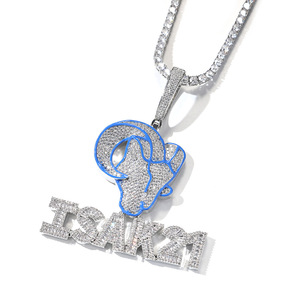 Collier Hip-Hop Rap personnalisé avec pendentif tête de chèvre en émail rhodié bleu, lettres, nouveau, entièrement serti de CZ, baguette, chaîne en corde - Product Image 2
