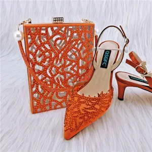 Wholesale Elegant Hollow-out Handbag Square Clutch Evening Bag with Pointed Toe Sexy High Heel Shoes 7cm Shoe and Bag2 pcs Set