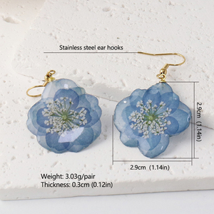 Boucles d'oreilles pendantes en acier inoxydable avec fleurs séchées véritables, hortensia pressé fait main, cadeau tendance pour <span class=keywords><strong>femme</strong></span> - Product Image 6