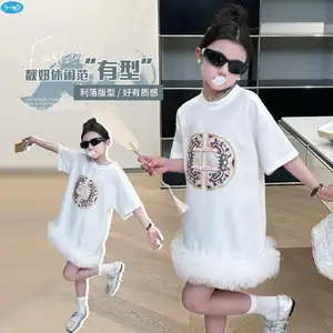 2024 New Children Girl Short Sleeved White Ruffles Patchwork Dress Chinese Style Patched Shirt Frock 5-15 Years