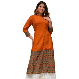 Blusa de Algodón con Estampado Zig Zag, Kurta, Anarkali Geométrica, Color Mostaza, Ropa Étnica para Mujer, Secado Rápido, Protección Solar, Moda de Verano - Product Image 1