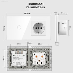 Interrupteur tactile mural double pour usage domestique avec panneau en verre trempé étanche et prise de courant, avec ports Type-C et USB - Product Image 4