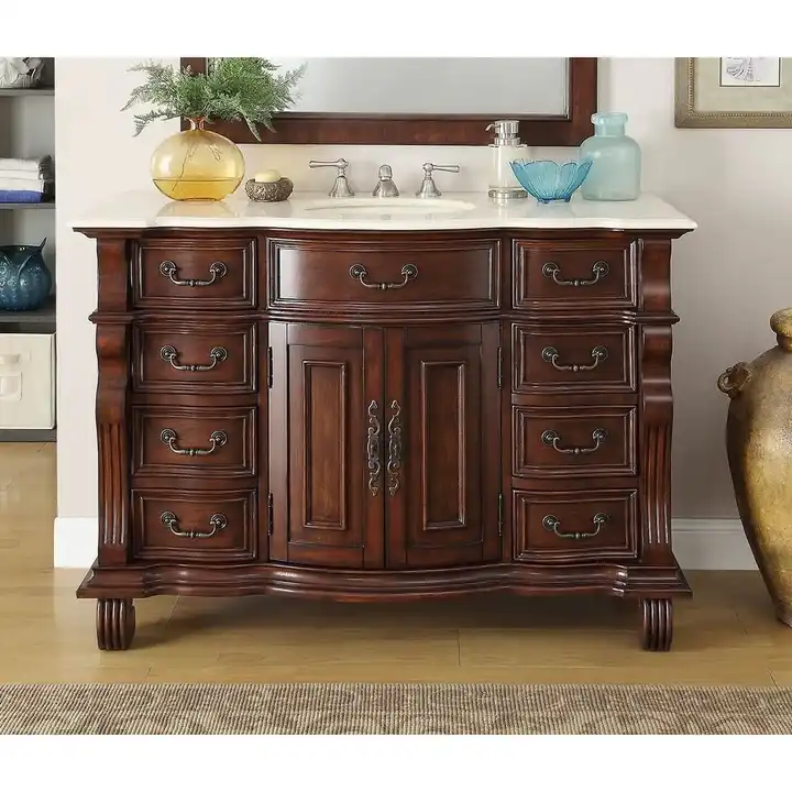 Solid Wood Walnut Wood Vanity Table for Bathroom 50inch Natural Cararra ...