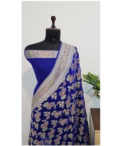 Sari en Chiffon Georgette Banarasi Khaddi Pur Tissé à la Main, Tissu Premium avec Bordures Zari Élégantes, Séchage Rapide, Idéal pour les Fêtes Féminines - Product Image 1