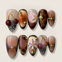 Faux ongles à presser personnalisés en forme d'amande, motif écaille de tortue vintage, dentelle florale cerise 3D, breloques métalliques dorées, réutilisables