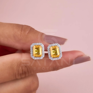 Pendientes de Botón con Halo de Circonita Cúbica Amarilla Corte Esmeralda, Plata de Ley, Joyería Elegante y Brillante para Mujer, Estilo de Regalo Atemporal - Product Image 3