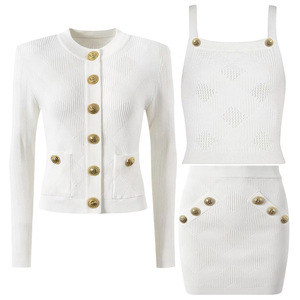 Conjunto de tres piezas de cárdigan de punto informal de una sola botonadura con cuello redondo elegante a la moda para <span class=keywords><strong>mujer</strong></span> de fabricante <span class=keywords><strong>al</strong></span> <span class=keywords><strong>por</strong></span> <span class=keywords><strong>mayor</strong></span> - Product Image 3