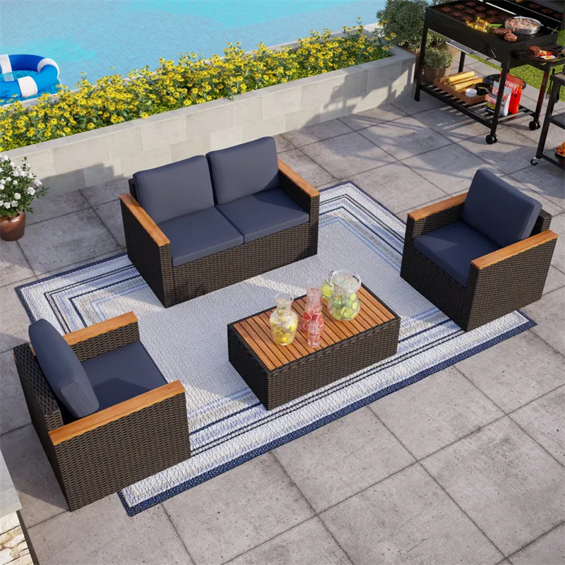 individueller premium 4teiler aluminiumrahmen outdoor regen terrasse rattan möbel mit teak-armen