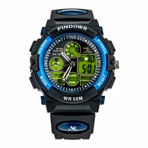 PINDOWS Digital Sports 5ATM Accessories Hand Custom Watch Soft Silicone Bracelet Strap TPU Dual Time Led Analog Waterproof Resin