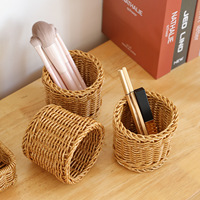 Porte-stylos rond en rotin PE tressé à la main, seau de rangement pour pinceaux de maquillage, organisateur de bureau ou de coiffeuse de salle de bain