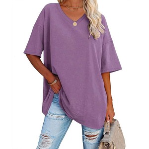 Ropa de mujer Blusa de verano de color sólido Cuello en V Camisetas de manga corta Camiseta suelta de mujer - Product Image 4