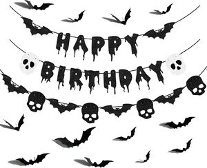 Striscione Nero Glitterato 'Buon Compleanno' per Halloween, Adesivi 3D a Forma di Pipistrelli e Teschi per Decorazioni di Feste Horror - Product Image 1