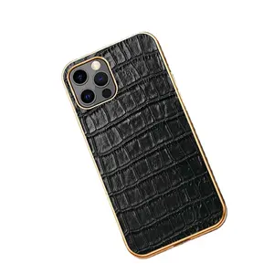 Customized New Design Crocodile Print Cowhide Luxury Phone Case Plated with Leather High Grade electroplating housing