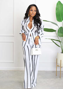 Ensemble Deux Pièces Femme Mode 2023: Chemise Imprimée Rayée Manches Longues et Pantalon Coupe Droite, Style Décontracté Urbain - Product Image 2