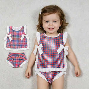 Conjuntos de Ropa para Bebé con Estampado a Cuadros Estilo Boutique para el 4 de Julio, Camisa con Volantes y Lazos para Niñas, Trajes de Pañal, Conjuntos de Ropa para Bebé - Product Image 1