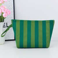 Tas Rajut Bergaris Wanita Retro Motif Kotak-kotak, Tas Penyimpanan Kosmetik Portabel, Tas Makeup Resleting dengan Tali Pergelangan Tangan