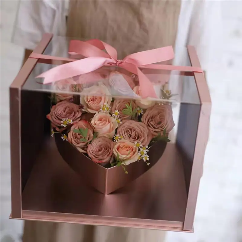 Lüks temizle kalp kare akrilik kutu S M L korunmuş çiçek gül küçük büyük ambalaj kutusu şeffaf akrilik kapak ile kapak penceresi