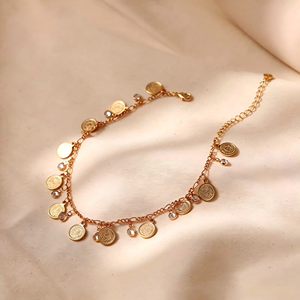 Chaîne de cheville bohème ajustable en cuivre plaqué <span class=keywords><strong>or</strong></span> 18 carats avec pendentif pièce de monnaie et zircon transparent, cadeau pour <span class=keywords><strong>femme</strong></span> - Product Image 2
