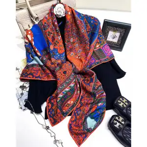 Popular Discount Price Fashion Designer Digital Printed Silk Velvet Scarf Square Women Pure Silk Scarf