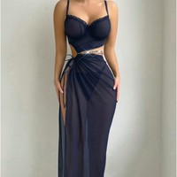 Set Lingerie Wanita Seksi Dua Potong, Bra Lace, Rok Maxi Belahan Tinggi, Gaun Tidur Transparan Bahan Mesh, Grosir Custom OEM