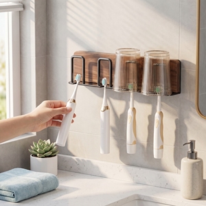 Black Drill-Free Durable Traditional Toothbrush Holder Wall-Mounted Bathroom Storage <b>Rack</b> for Toothbrushes & Mouthwash Cups - Product Image 4