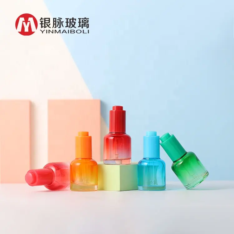 Custom 30ml serum oil bottle push button cap pink purple blue white color glass cosmetic press pump dropper bottle