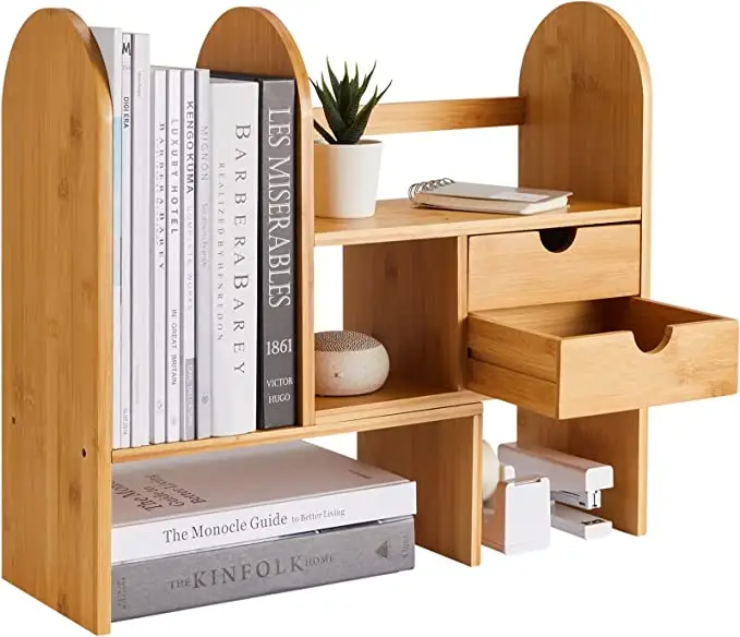 Organisateur d'étagère de bureau en bambou, étagère de rangement pour étagères de bureau réglables, présentoir extensible en bois naturel