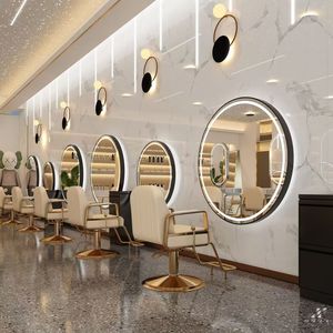Miroirs <span class=keywords><strong>de</strong></span> <span class=keywords><strong>salon</strong></span> <span class=keywords><strong>de</strong></span> <span class=keywords><strong>coiffure</strong></span> ronds en or <span class=keywords><strong>de</strong></span> luxe à montage mural en gros avec lumières LED - Product Image 6