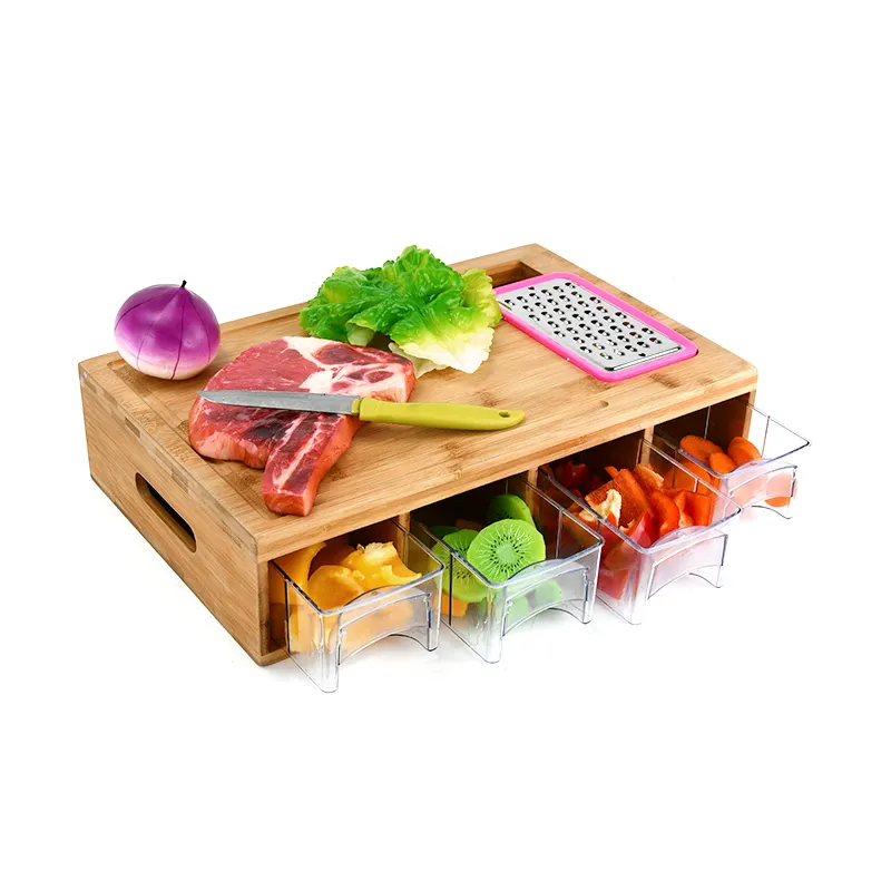 Large Natural 4 Acrylic Drawers Chopping Blocks Bamboo Cutting Board With Containers Vegetable Grater