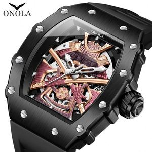 ONOLA Unique Square Hollow Out Fully Automatic Mechanical <b>Black</b> <b>Watch</b> Waterproof Silicone Tape Night Light Wholesale <b>Watches</b> OEM - Product Image 6