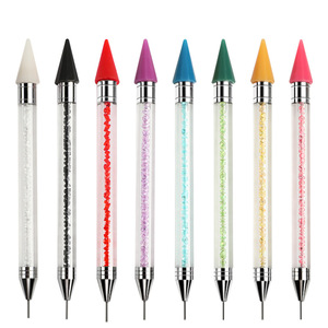 Outil de nail art multifonctionnel double tête : stylo à points pour nail art, stylo à points en cire, pinceau en silicone, manche métallique, en gros - Product Image 1
