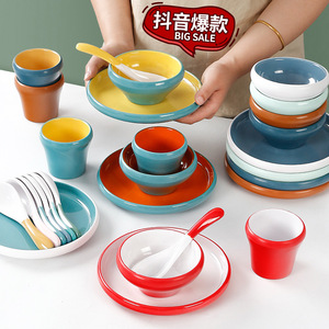 Melamine Dinnerware <b>Set</b> 10 Piece Round Solid Color Bowl Plate <b>Set</b> For Hotel <b>Restaurant</b> Daily Use - Product Image 1