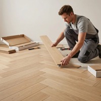 Parquet en chêne chevron préfini, système de pose à clipser, étanche, pour cuisine, salon, intérieur