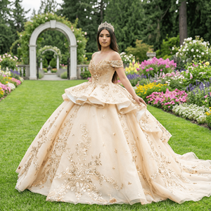 Dy20267 2 1 Vestido de Gala de Gasa para Quinceañera con Apliques Brillantes, Lentejuelas en Capas, Escote Corazón, Hombros Descubiertos, Personalizado, Formal - Product Image 1