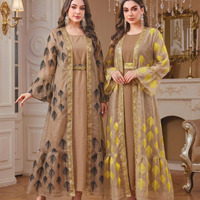 Robe maxi respirante en polyester de style arabe marocain pour femmes - Jalabiya koweïtienne Abaya à manches longues jaune décontractée pour fête de l'Aïd