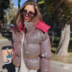 新しいデザインの無地の女性の短い女性のフードが付いているピンクの光沢のあるパフコート