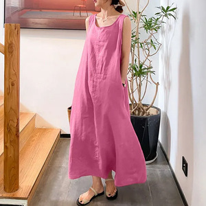 Cotton Linen Sleeveless Long Dress Scoop Neck Loose Fit Casual For Women Yellow - Product Image 2