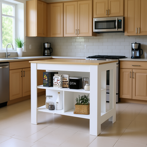 Isola Cucina Cala con 3 Ripiani in Rovere Chiaro Bianco, Unità di Stoccaggio Moderna in Legno per Cucina - Product Image 2