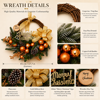 Guirlande de Noël artificielle demi-cercle en vigne avec nœud doré, boules de cuivre et pommes de pin pour porte d'entrée, fenêtre, cheminée – Décoration de fêtes