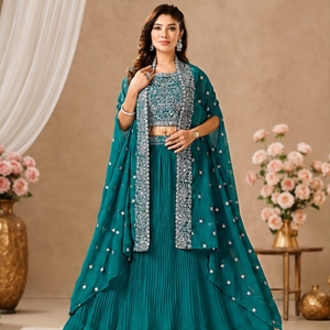 Conjunto de Lehenga Choli Bordado en Color Verde Azulado para Mujer con Dupatta, Traje Étnico Tradicional de Diseñador para Fiestas, Bodas y Ocasiones Festivas - Product Image 5