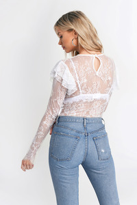 KY Summer White Round Neck Double Ribbon Pattern Ruffle Long Sleeve Hollow Cut Button Back Lace Top for Women Blouse <strong>Sxey</strong> - Product Image 6