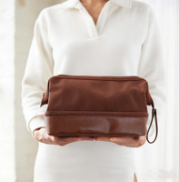 Trousse de Toilette de Voyage Double Compartiment en Cuir PU Tendance, Personnalisable pour Femme, Sac à Maquillage en Toile Écossaise avec Poignée