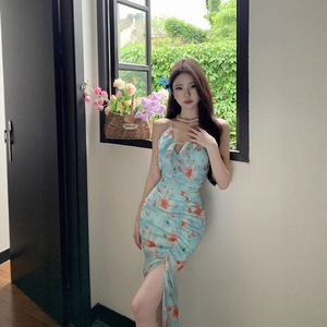 เดรสลายดอกไม้สำหรับผู้หญิง ฤดูร้อน ทรงเข้ารูป ช่วงเอวสูง ผ่าข้าง กระโปรงทรงบอดี้คอน ผ้าตาข่าย ดีไซน์หางปลา สไตล์ฝรั่งเศส - Product Image 1