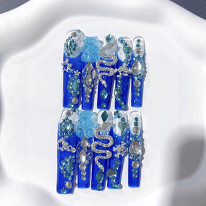 Lot de 10 faux ongles en acrylique à presser, style Y2K, longs, avec strass bleus et diamants, ongles artificiels brillants, boîte personnalisée - Product Image 3