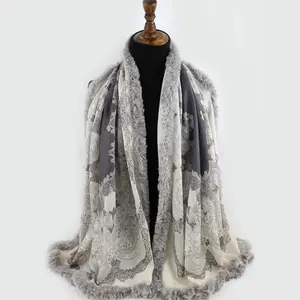 customize winter pure Merino Wool Scarf women Printed Fur Trim wool scarves Shawl pashmina poncho