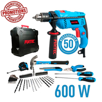 Kit perceuse à percussion FIXTEC 600W 13mm avec ensemble de 50 outils à main, kit combiné d'outils électriques professionnels certifié CE/GS